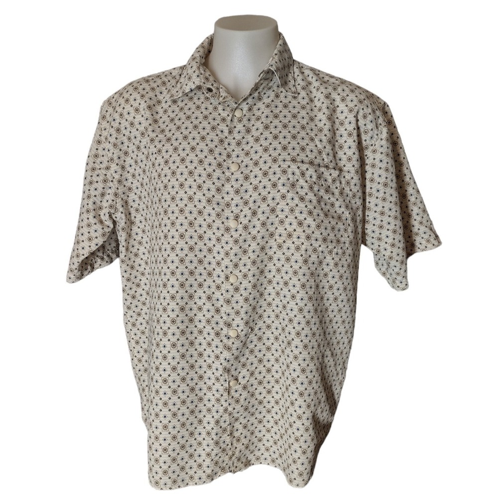 Haband Travelers Shirt XL Mens Boho Retro Geometric Tan Blue Short Sleeve Button